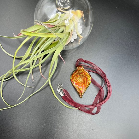 Glass Pendant Ribbon Cord Necklace Handmade Orange Red Fashion Jewelry - Picture 3 of 6